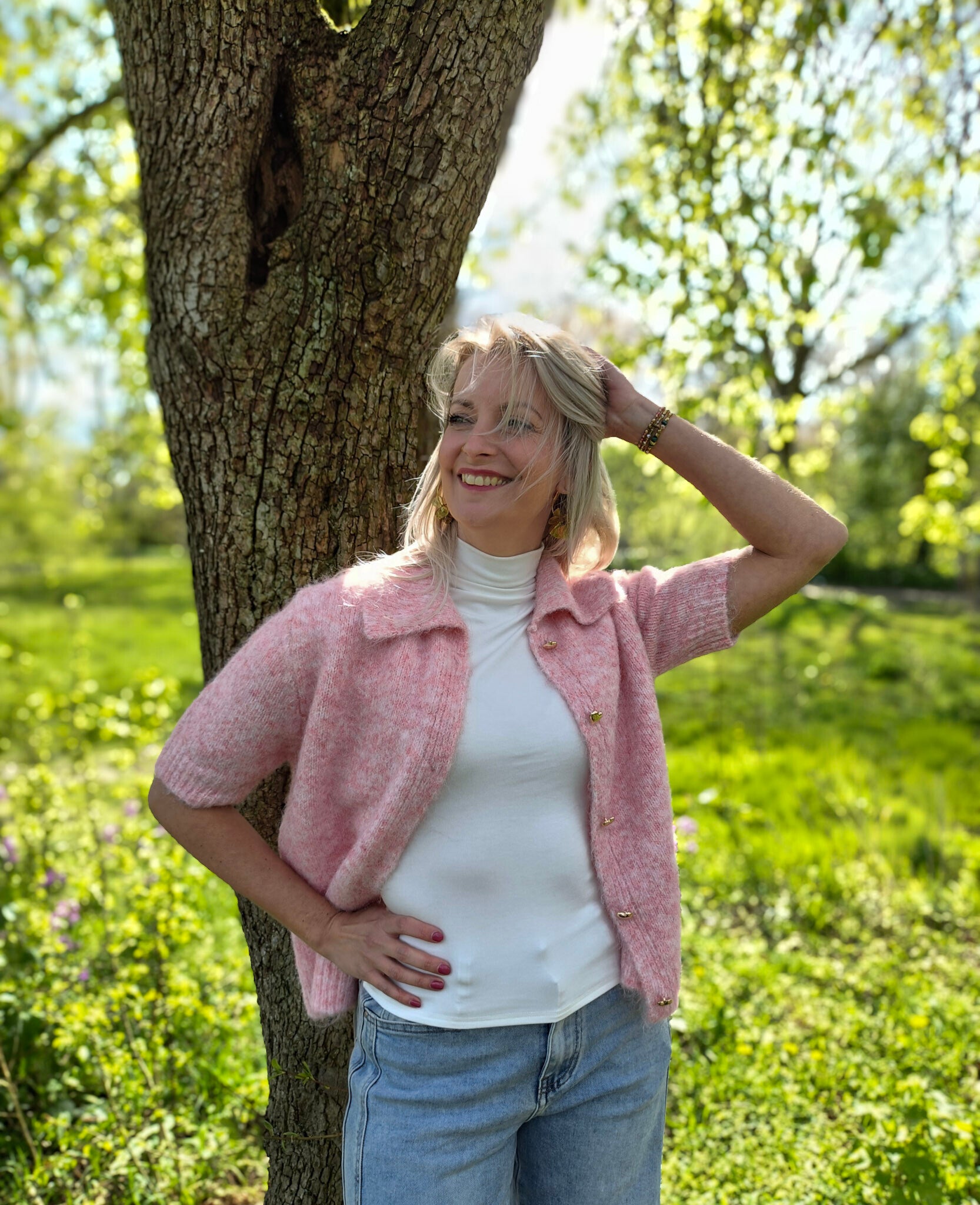 Vest hartjesknopen korte mouw roze
