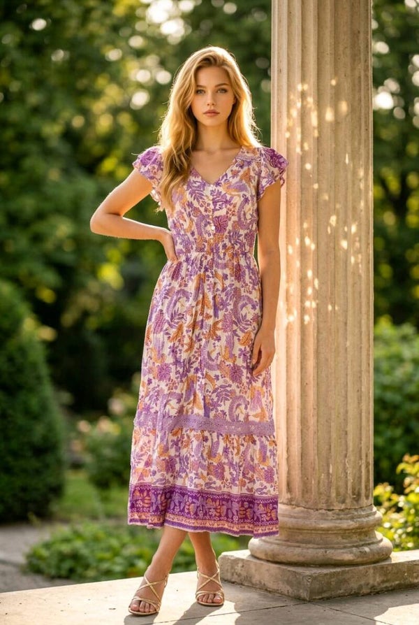 Boho-bloemenjurk paars