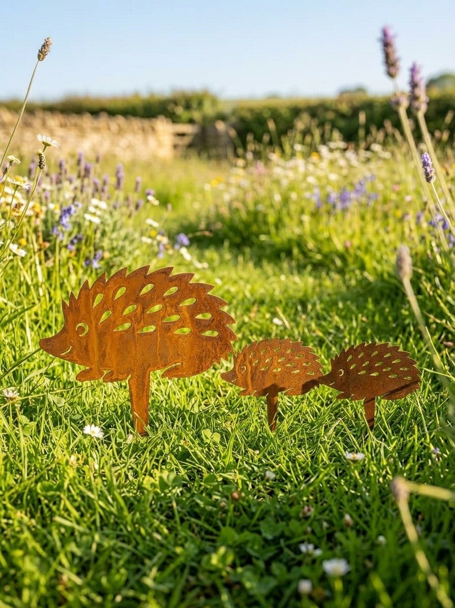 Edelrost Gartenstecker Igel / Igel Familie