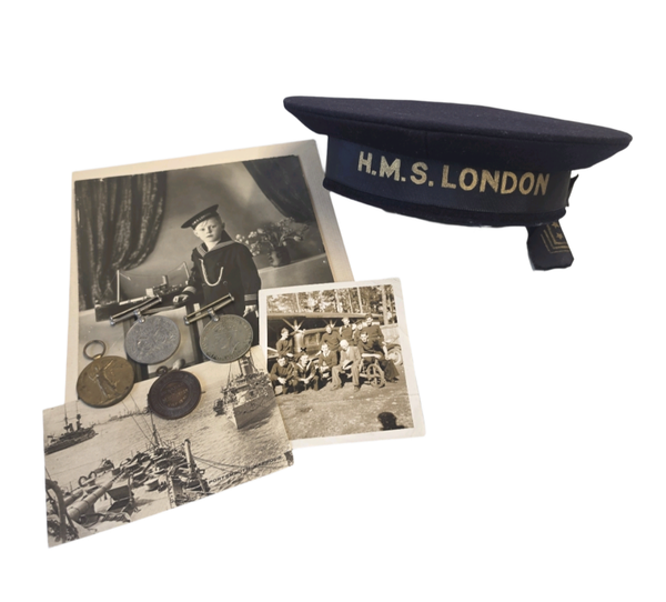 WW2 H.M.S. LONDON Royal Navy Childs Cap Grouping