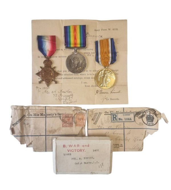 WW1 British Medal Trio P.T.E A.FOWLER 13981 OXF & Bucks LI