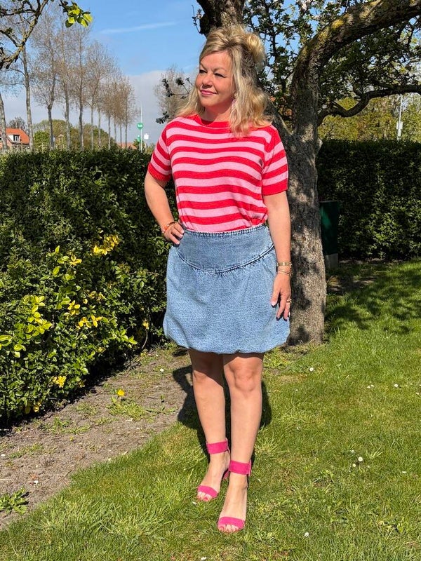 Streep Top Azzurro - Rood, Roze