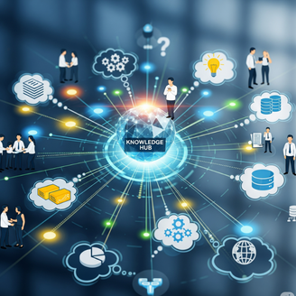 This is a picture that depicts a Knowledge Manager disbursing knowledge through out an organization