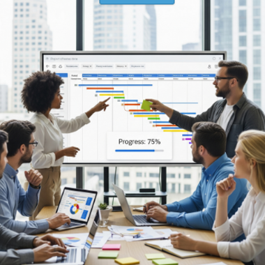 This is a picture that depicts a team collaborating on a change mangement project