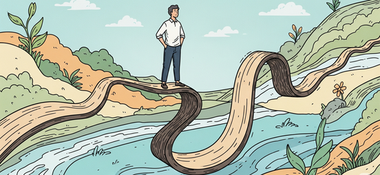 An illustration of a person standing on a flexible, winding path that is changing shape, yet they remain balanced and confident. Another image shows a person standing on a fractured, floating platform held together by glowing energy lines, with a stormy s