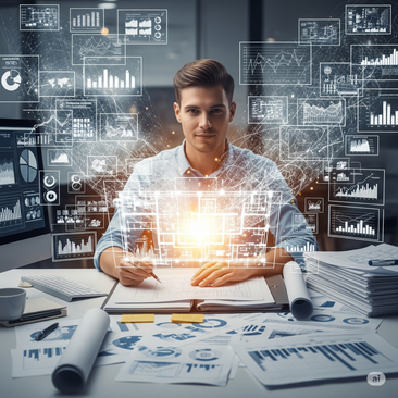 Image of a person at a desk surrouding by charts focusing on a solution