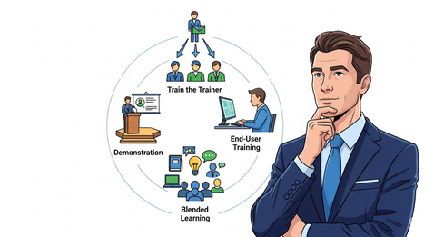 A man stands at a crossroads, looking at three different paths labeled "End User Training," "Train the Trainer," and "Blended Learning,"