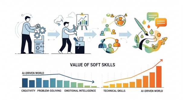 A stylized infographic showing a person's skills evolving from technical, repetitive tasks to more creative and human-centric abilities, with a bar graph showing the increasing value of soft skills in an AI-driven world.