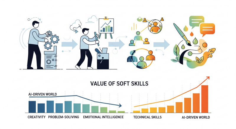 A stylized infographic showing a person's skills evolving from technical, repetitive tasks to more creative and human-centric abilities, with a bar graph showing the increasing value of soft skills in an AI-driven world.