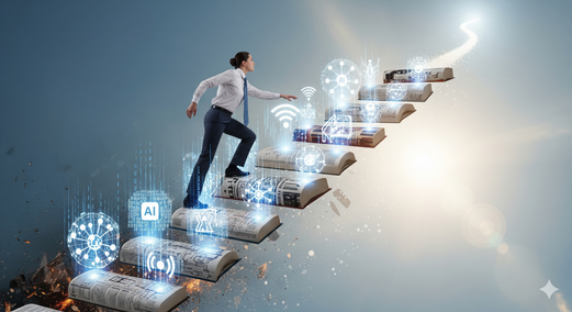 A person climbing a ladder made of books and technology symbols, representing the steps workers and businesses can take to adapt to the AI transformation.