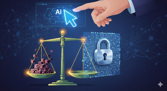 An image representing the ethical and societal considerations of AI, with symbols for algorithmic bias, data privacy, and human oversight.