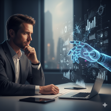 A human worker in a thoughtful pose, contrasting with a stylized, less expressive robotic arm reaching for complex data, symbolizing the irreplaceable human elements in work.