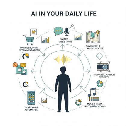 A stylized infographic showing everyday AI examples like online shopping, smart assistants, and navigation, with icons and data visualizations connecting to a person's daily routine.