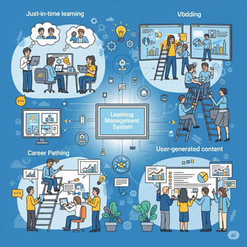 An illustration depicting a continuous learning culture within an organization, showing employees engaged in just-in-time learning, career pathing, and user-generated content, all powered by a Learning Management System.