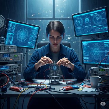 Image of a person concentrating and working on a scientic device