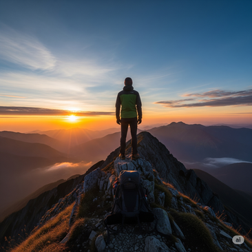 Image of a person on top of a mountian peak gazing on to the landscape