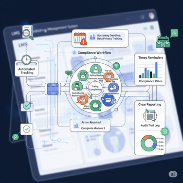 An illustration depicting a secure and auditable compliance process within a Learning Management System, showing automated tracking, timely reminders, and clear reporting to mitigate risk.