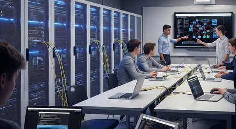 An illustration in a modern, flat-design style showing a diverse group of people collaborating on a large jigsaw puzzle in an open-plan office.