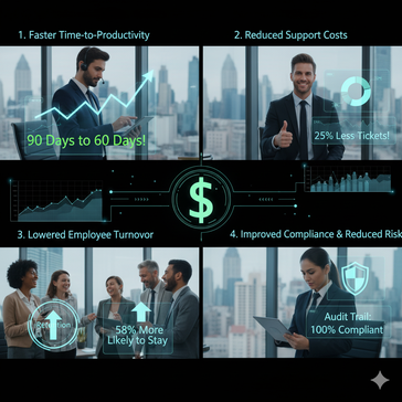 This four-panel image illustrates key ROI impacts, including faster productivity, reduced support costs, improved employee retention, and enhanced compliance.