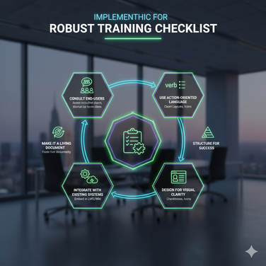 An infographic titled "Implementing for Robust Training Checklist" shows a cyclical process with five hexagonal icons representing key steps, all centered on a core checklist concept.