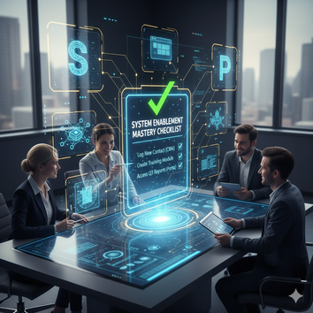 Four professionals are gathered around a futuristic glowing table in an office, with a holographic "System Enablement Mastery Checklist" at the center, surrounded by icons for various business systems.