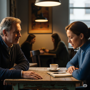 Image of a man actively listening as a woman shares her story