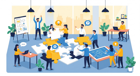 An illustration in a modern, flat-design style showing a diverse group of people collaborating on a large jigsaw puzzle in an open-plan office.