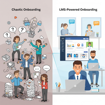 An illustration of a chaotic and disorganized onboarding process on one side, transitioning into a streamlined, personalized, and engaging journey powered by a Learning Management System on the other side.