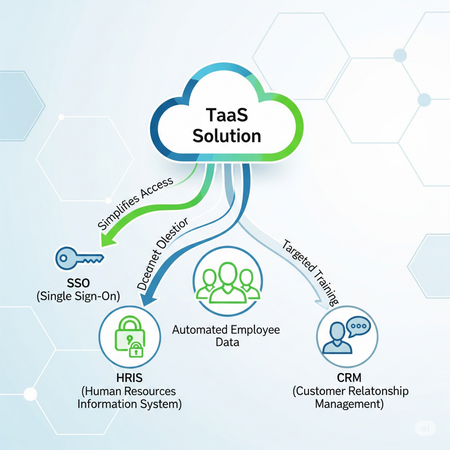 An infographic shows a central cloud labeled "TaaS Solution" connected to three other icons for "SSO," "HRIS," and "CRM" with text describing the benefits of each integration.