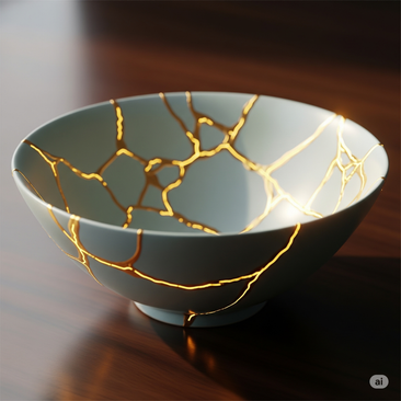 Image of a shattered bowl that has been repaired by the Kintsugi technique
