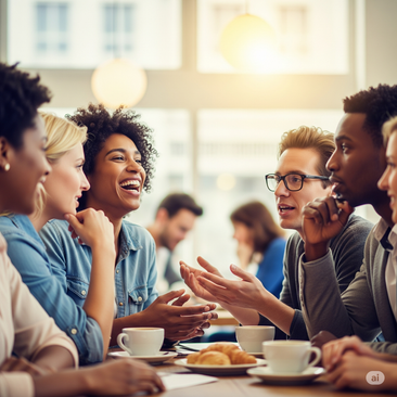 Image of a group of people happily conversing.
