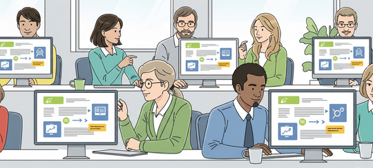 A picture of a diverse group of employees seated at two long tables, each focused on their individual computer screens, while a trainer stands between the tables, offering guidance to one of the employees.