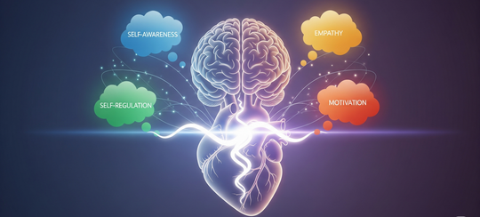 An image of a stylized brain and heart, connected by a stream of light. Four thought bubbles labeled "Self-Awareness," "Empathy," "Self-Regulation," and "Motivation" float around the brain.