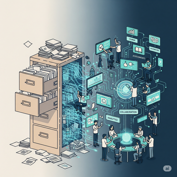 An illustration of a Learning Management System transforming from a static filing cabinet into a dynamic, interconnected hub of knowledge and activity.