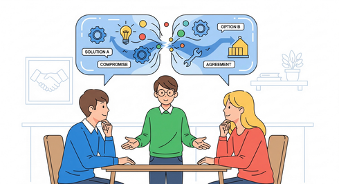 Illustration depicts two people talking with a mediator, with their individual thought bubbles containing different ideas that merge into one cohesive solution.