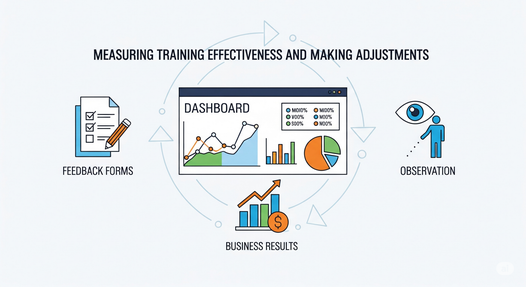 A professional-looking dashboard displays various metrics and graphs, illustrating data on user adoption rates, helpdesk tickets, employee feedback, and return on investment (ROI).