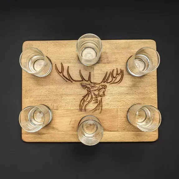 Planche à shots en bois de Hêtre avec 6 verres motif Cerf