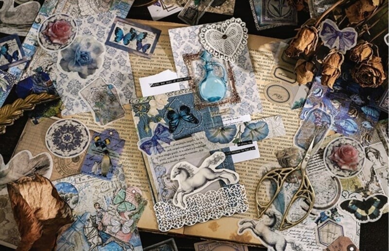 100-delig papier- en stickerset | Blauwe tinten