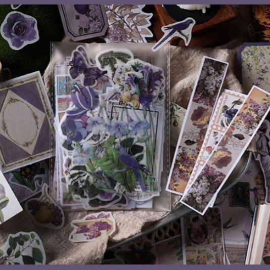 200-delig papier- en stickerset | Paarse kleuren