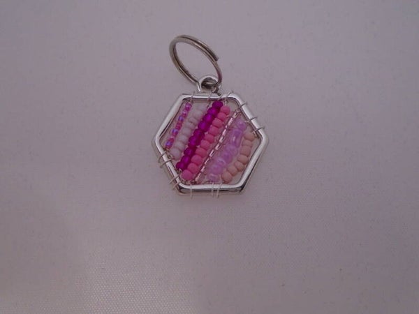 Beaded keychain - pink hexagon