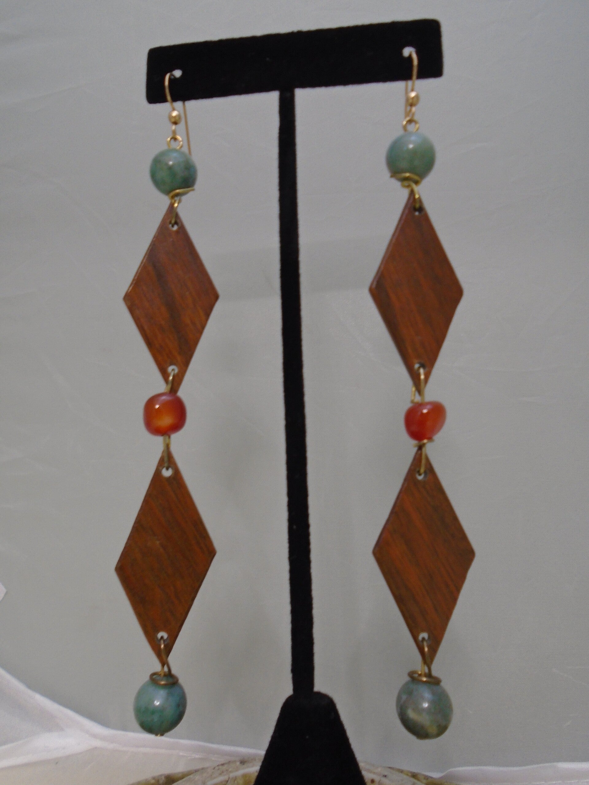 Green jasper, carnelian, & wood earrings