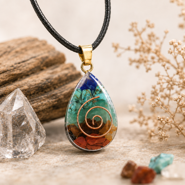 Orgonit Chakra-Anhänger „Regenbogen-Energie“ – Handgefertigter Edelstein-Anhänger mit Kupferspirale