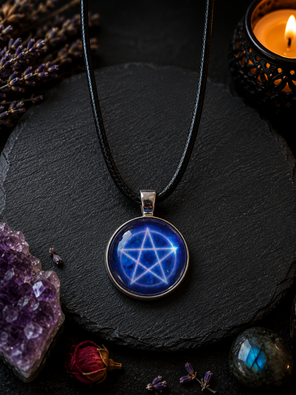 Cabochon-Halskette Pentagramm – Glas-Cabochon mit Lederband | Spiritueller Schutzanhänger | 20 mm