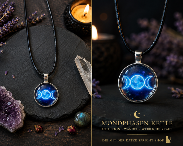 Dreifachmond Kette mit Glascabochon – Mystischer Mond Anhänger | Spiritueller Schmuck