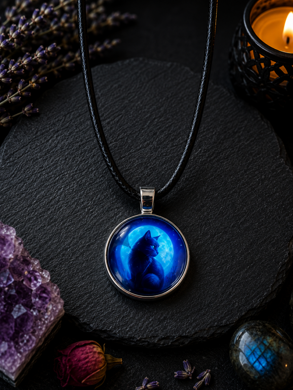 Cabochon Halskette „Mondkatze“ – Mystischer Katzenanhänger mit Vollmond | Glas-Cabochon 20 mm