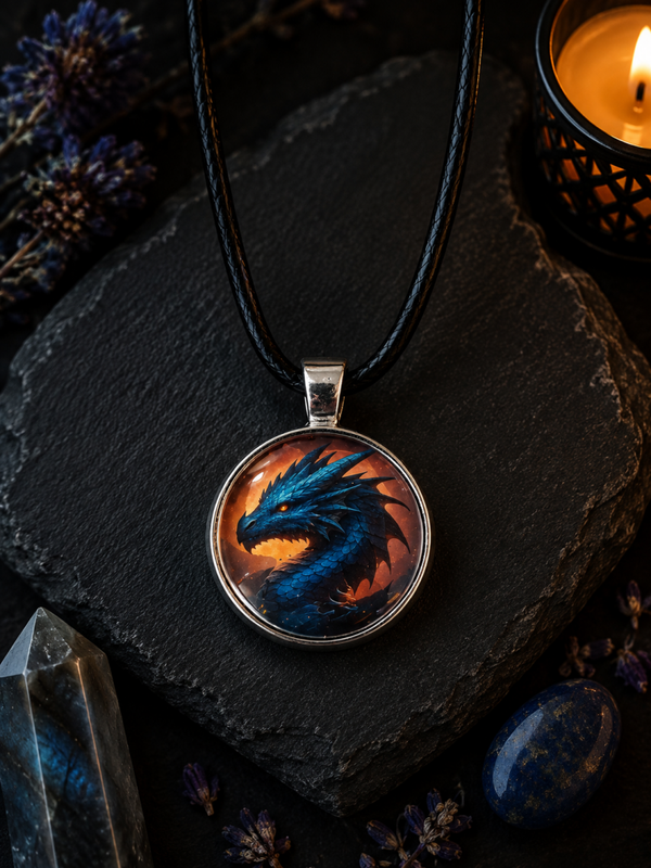 Cabochon Halskette „Blauer Drache“ – Mystischer Drachen-Anhänger mit Glas-Cabochon | Fantasy Schmuck
