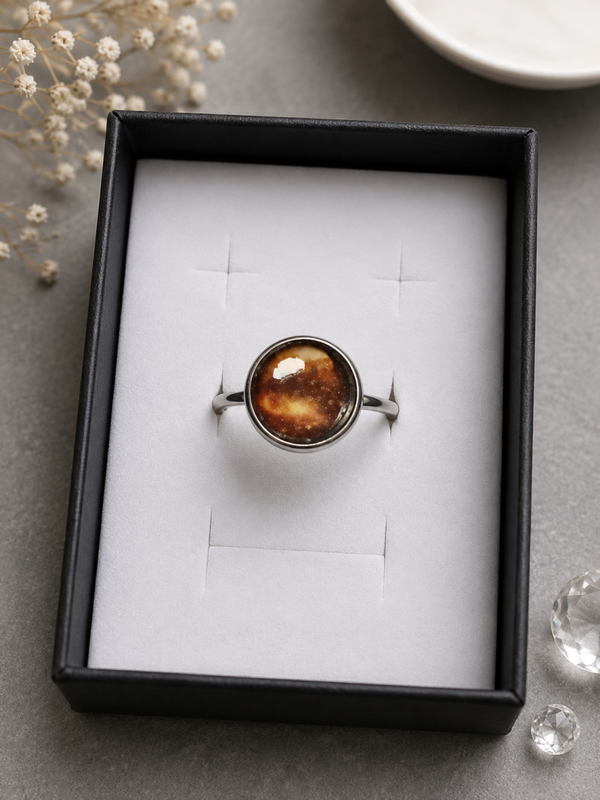 Verstellbarer Galaxie-Ring „Goldnebel“ – handgefertigter Cabochon-Ring mit goldenem Sternennebel