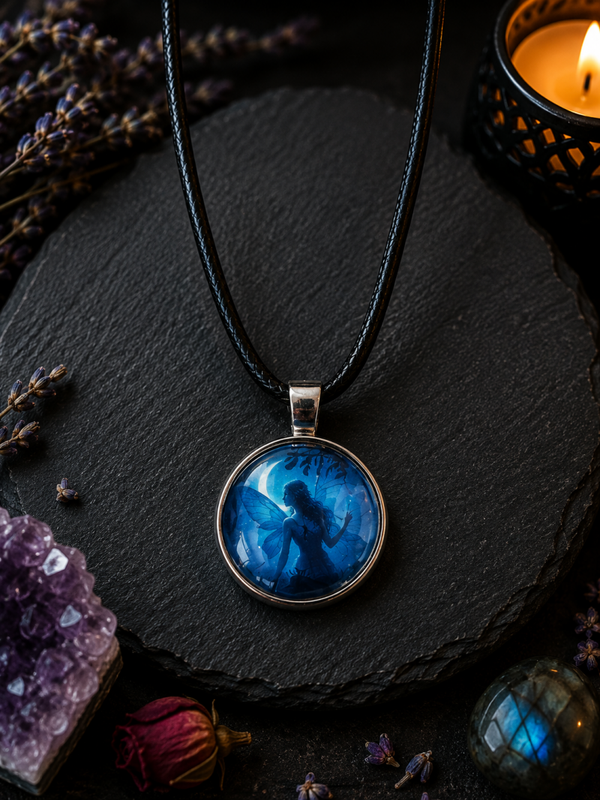 Cabochon-Halskette Blaue Fee – Glas-Cabochon mit Lederband | Mystischer Feenschmuck | 20 mm