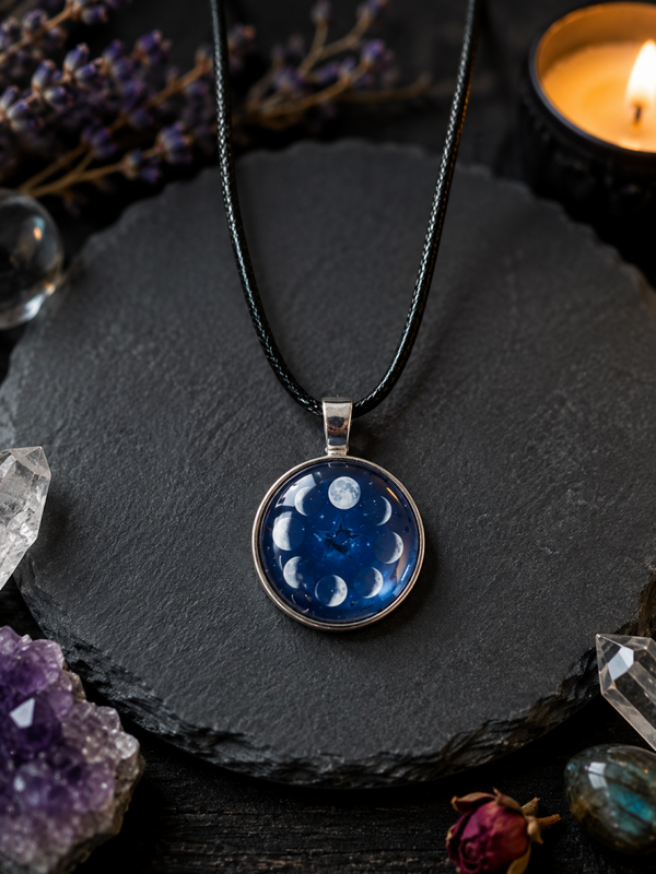 Mondphasen Kette mit Glascabochon – Mystischer Mond Anhänger | Spiritueller Schmuck