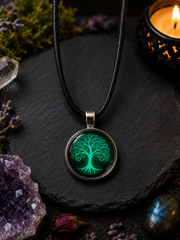 Cabochon-Halskette Lebensbaum – Glas-Cabochon mit Lederband | Spiritueller Schmuck | 20 mm